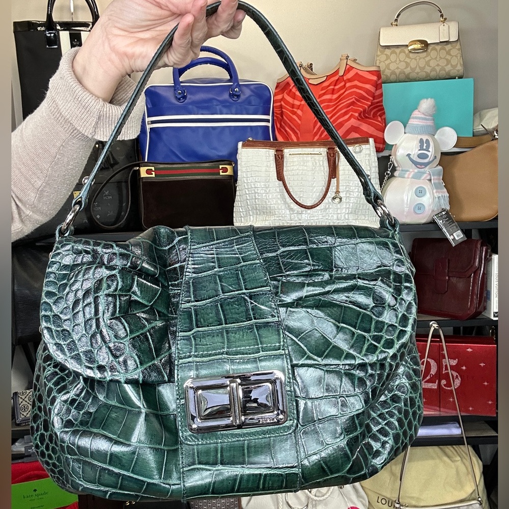 Furla Green Croc-Embossed Leather Shoulder Bag EUC